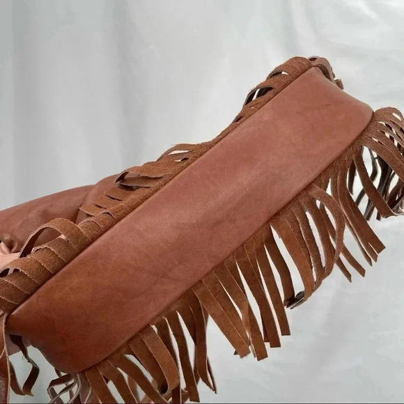 East West Tan Leather Boho Fringe Shoulder Bag Purse Snap Closure Vintage - Picture 16 of 16